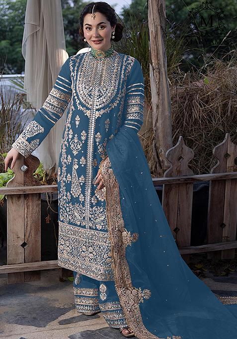 Blue Embroidered Faux Georgette Kurta Set