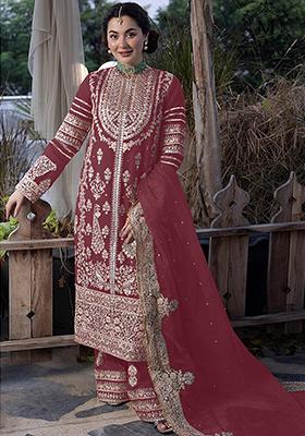 Wine Embroidered Faux Georgette Kurta Set