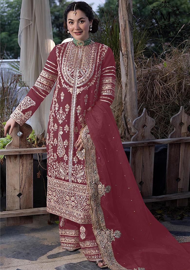 Wine Embroidered Faux Georgette Kurta Set