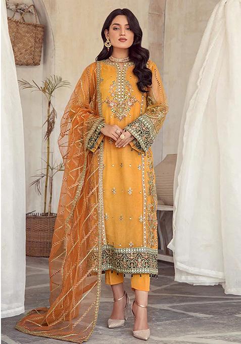 Yellow Embroidered Organza Kurta Set