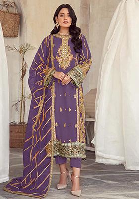 Purple Embroidered Organza Kurta Set