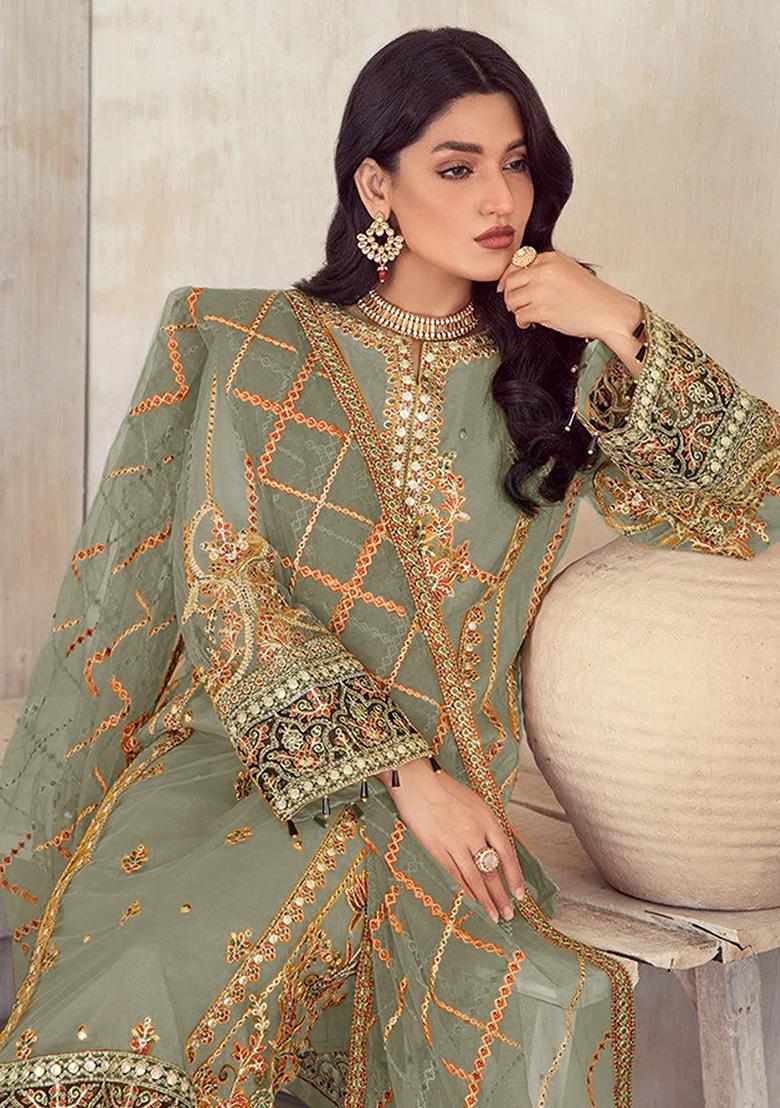 Light Sea Green Embroidered Organza Kurta Set