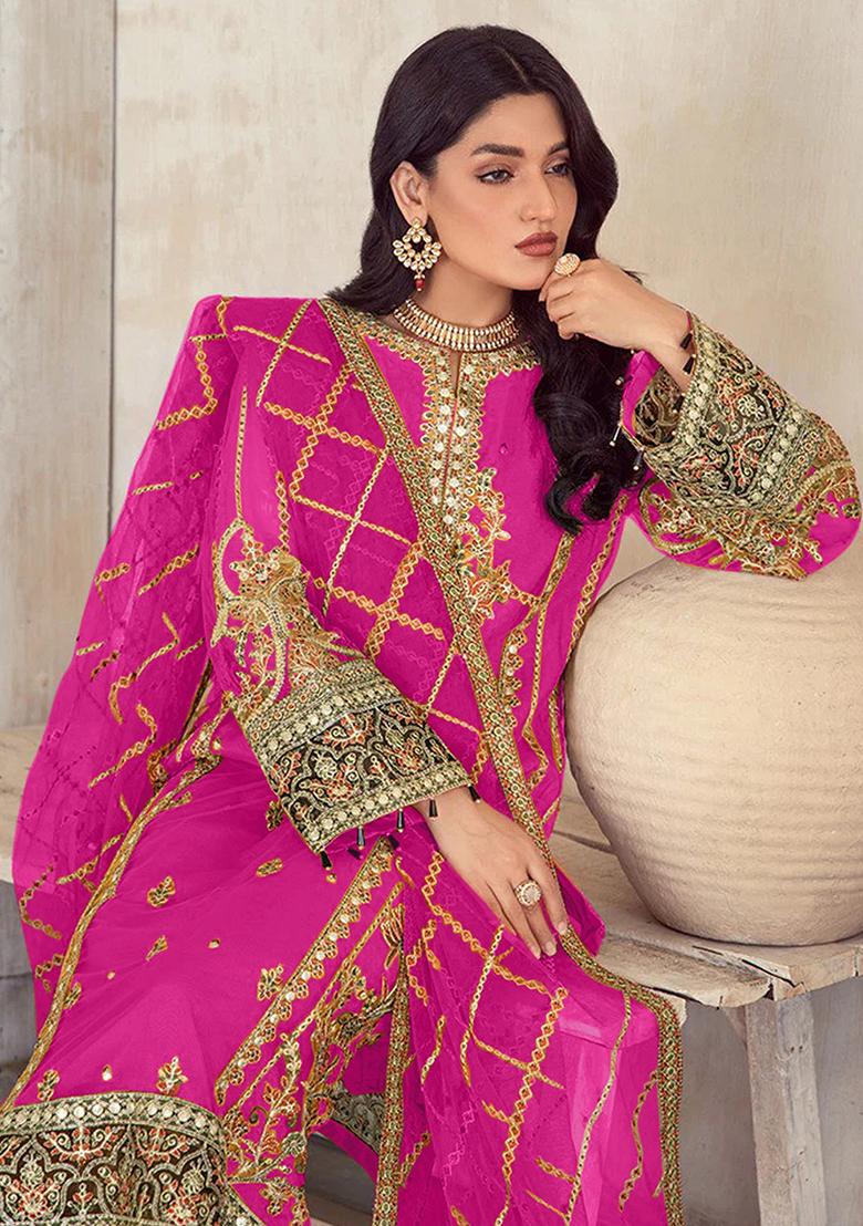 Hot Pink Embroidered Organza Kurta Set