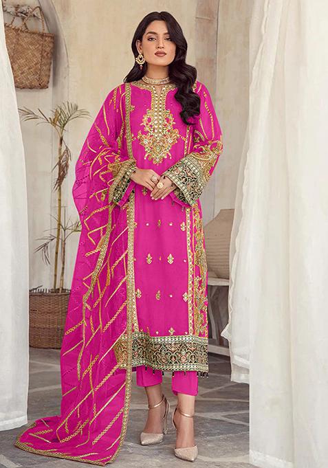 Hot Pink Embroidered Organza Kurta Set