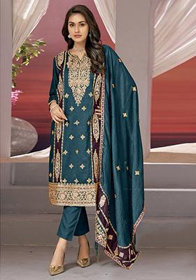 Teal Embroidered Faux Georgette Kurta Set