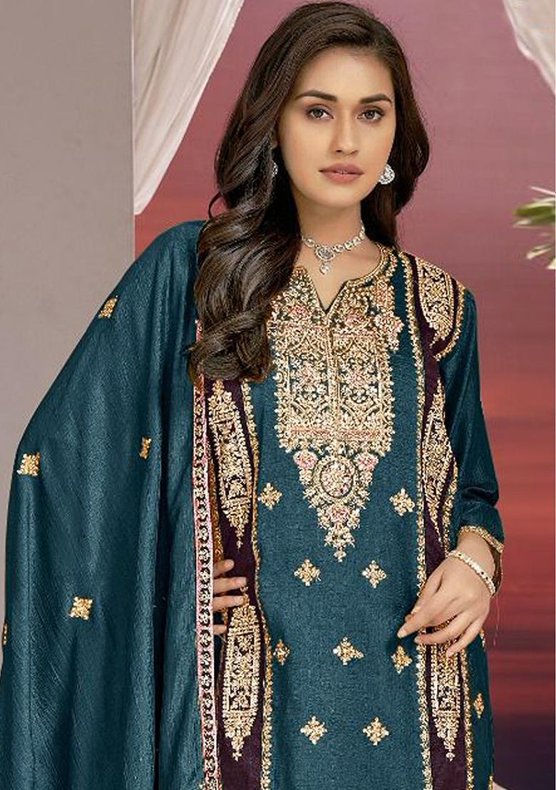 Teal Embroidered Faux Georgette Kurta Set