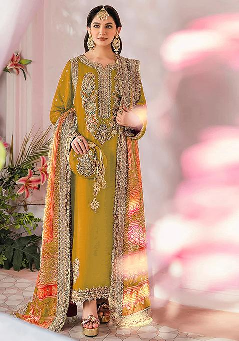 Mustard Embroidered Faux Georgette Kurta Set