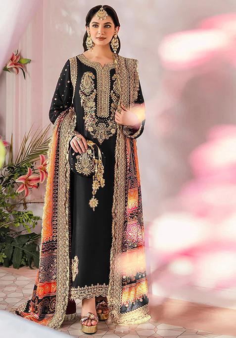 Black Embroidered Faux Georgette Kurta Set