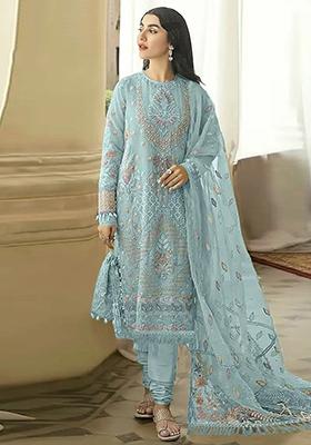Sky Blue Embroidered Faux Georgette Kurta Set