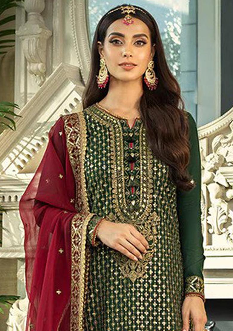 Dark Green Embroidered Faux Georgette Kurta Set