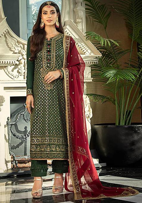 Dark Green Embroidered Faux Georgette Kurta Set