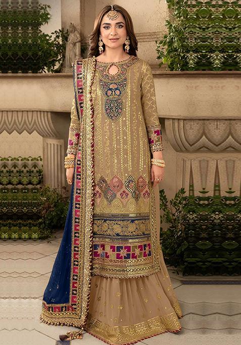 Beige Embroidered Faux Georgette Kurta Set