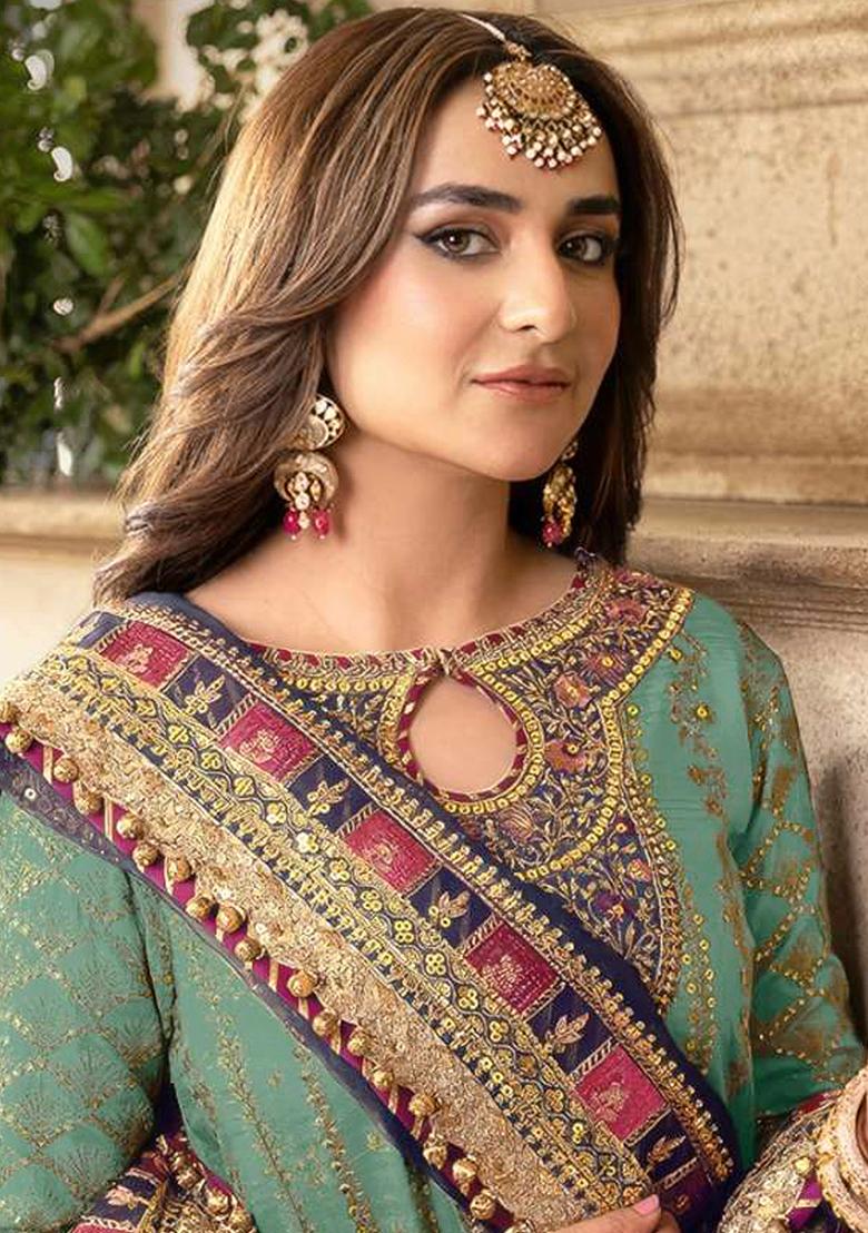 Sea Green Embroidered Faux Georgette Kurta Set