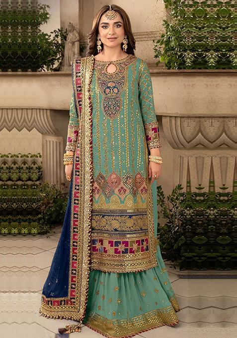 Sea Green Embroidered Faux Georgette Kurta Set