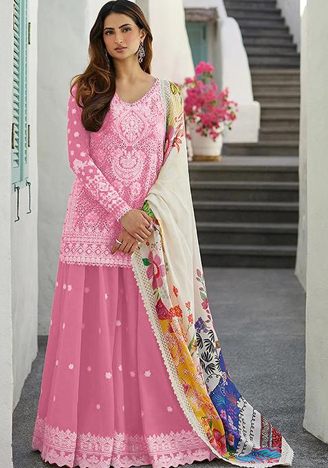 Pink Embroidered Rayon Kurta Set