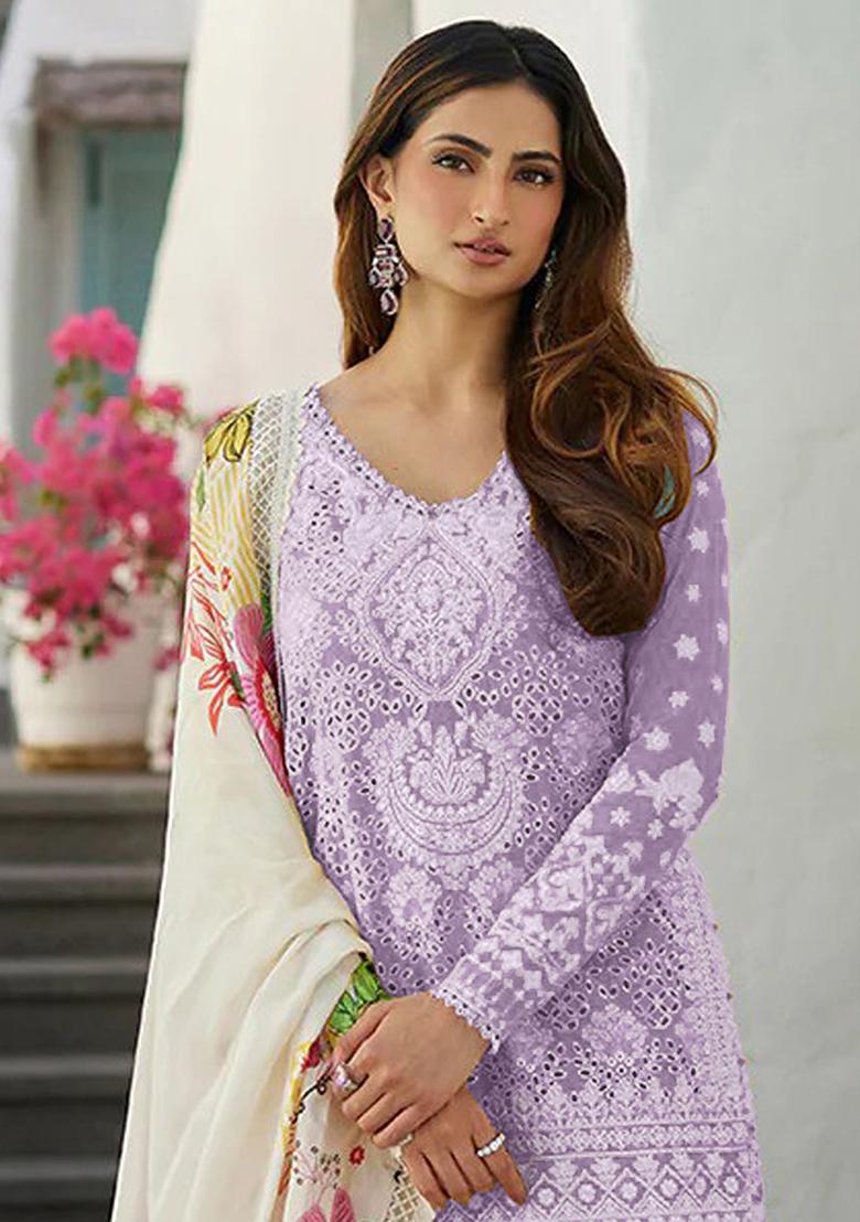 Lavender Embroidered Rayon Kurta Set