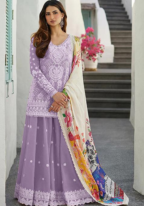 Lavender Embroidered Rayon Kurta Set