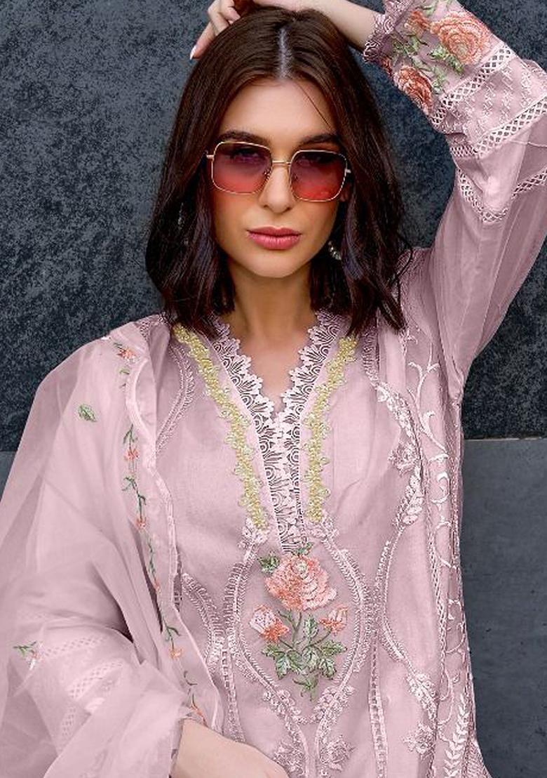 Pink Embroidered Organza Kurta Set