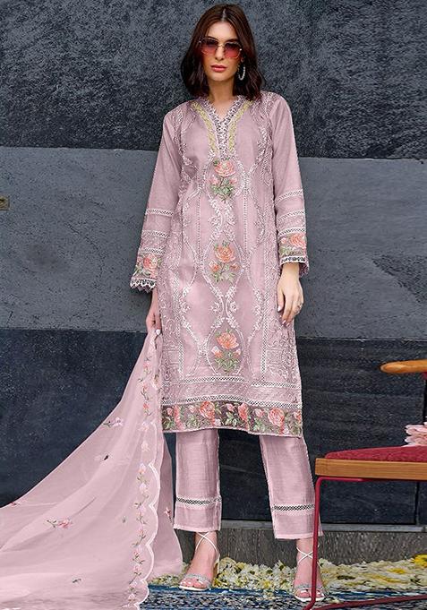 Pink Embroidered Organza Kurta Set