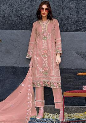 Peach Embroidered Organza Kurta Set