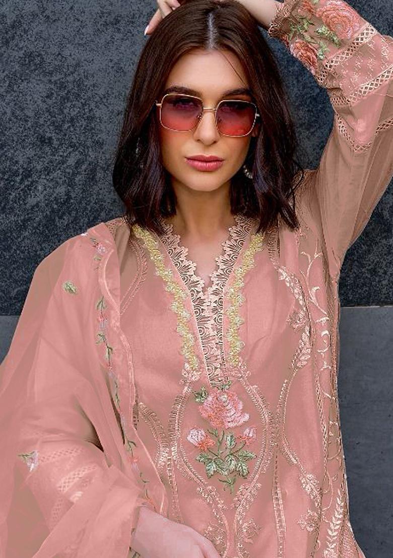 Peach Embroidered Organza Kurta Set