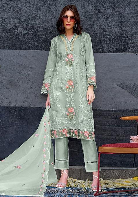 Sea Green Embroidered Organza Kurta Set