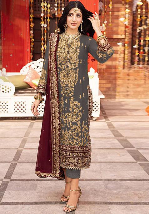 Dark Grey Embroidered Faux Georgette Kurta Set