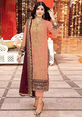 Peach Embroidered Faux Georgette Kurta Set