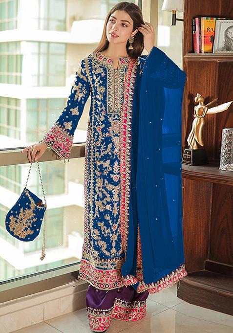 Navy Blue Embroidered Chinon Silk Kurta Set
