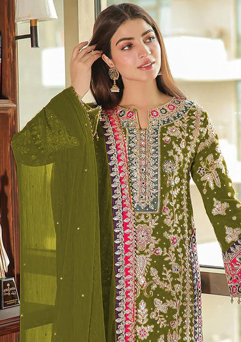 Coral Rani Pink Embroidered Chinon Silk Kurta Set