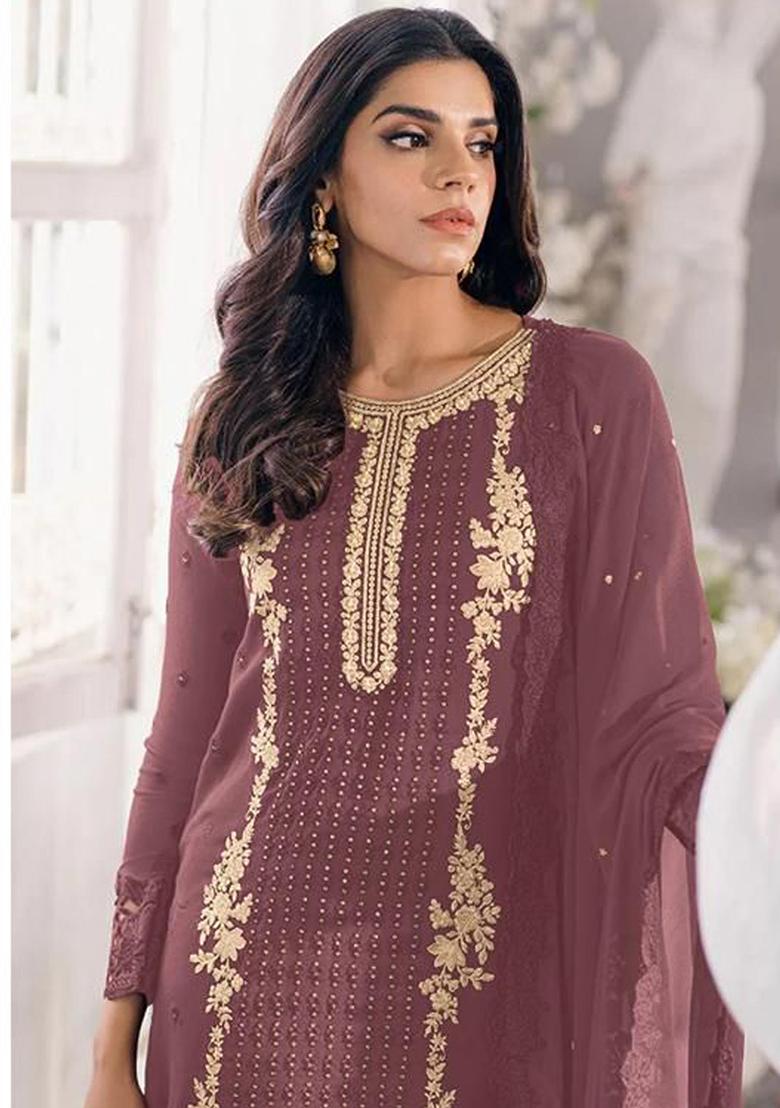 Dark Mauve Embroidered Georgette Kurta Set