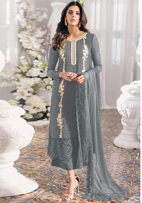 Grey Embroidered Georgette Kurta Set