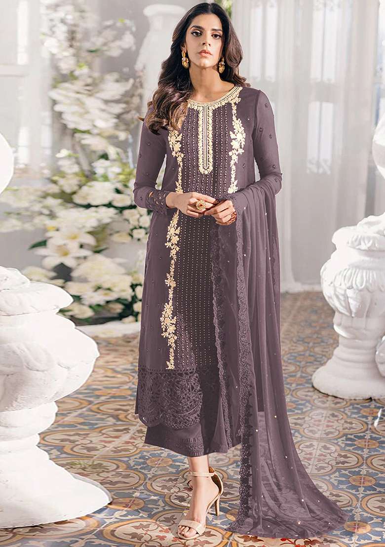 Lilac Embroidered Georgette Pakistani Suit Set - Indya