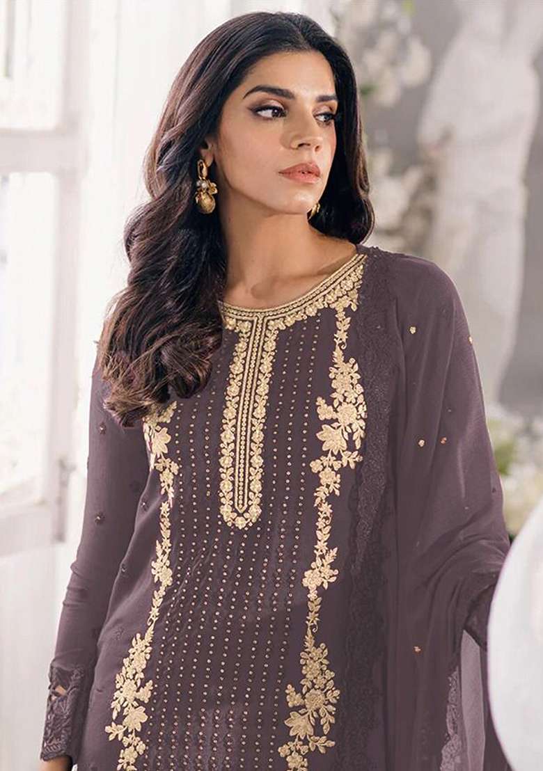Lilac Embroidered Georgette Pakistani Suit Set - Indya