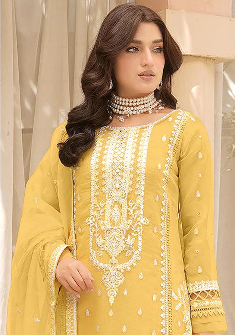 Light Yellow Embroidered Organza Kurta Set