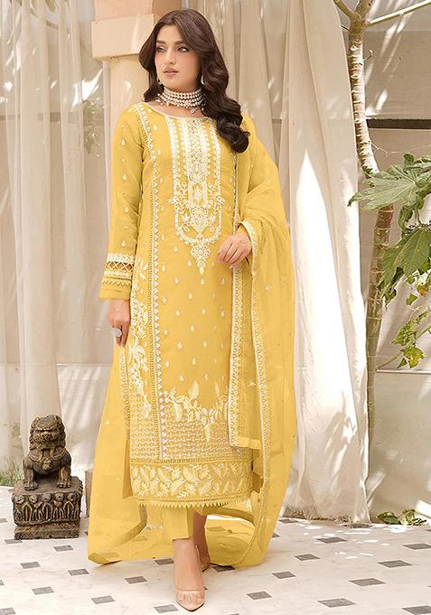 Light Yellow Embroidered Organza Kurta Set