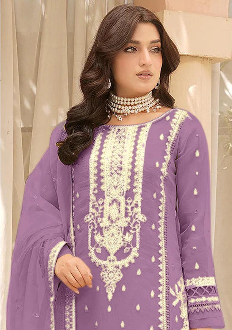 Light Purple Embroidered Organza Kurta Set