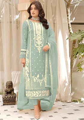 Sea Green Embroidered Organza Kurta Set