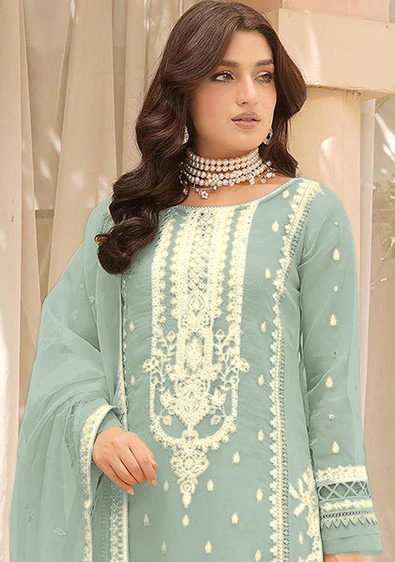 Sea Green Embroidered Organza Kurta Set