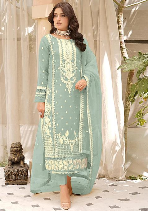 Sea Green Embroidered Organza Kurta Set