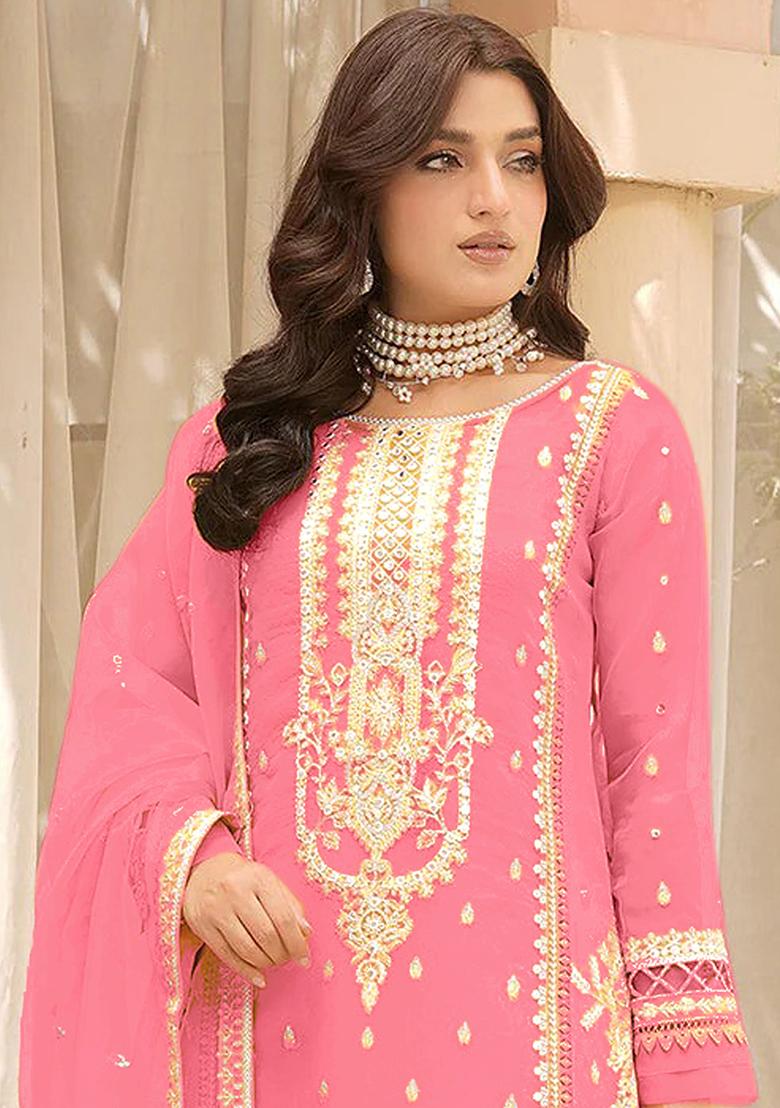 Light Pink Embroidered Organza Kurta Set