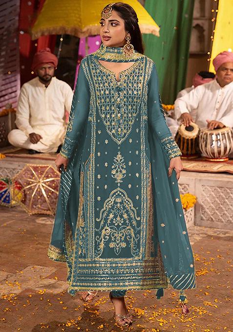 Teal Embroidered Georgette Kurta Set