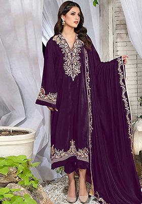 Dark Purple Embroidered Velvet Kurta Set