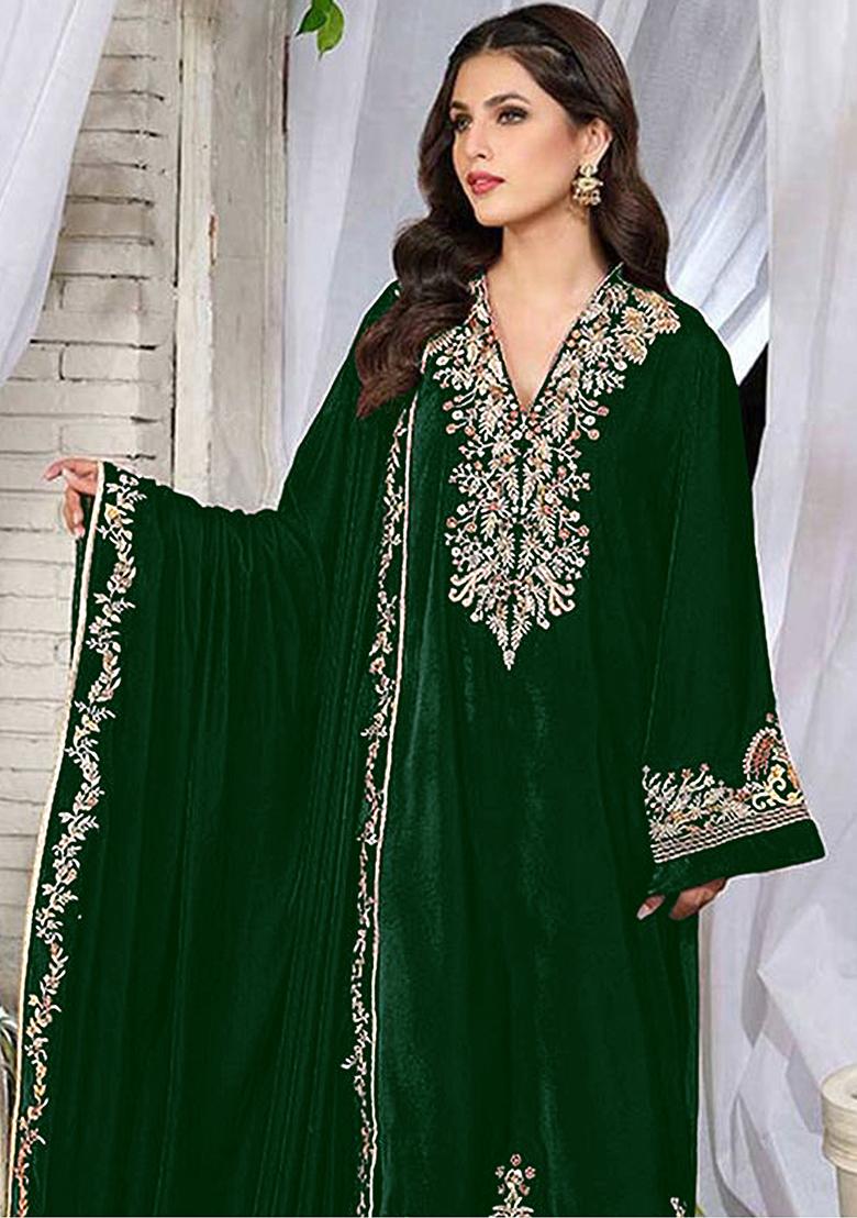 Green Embroidered Velvet Kurta Set