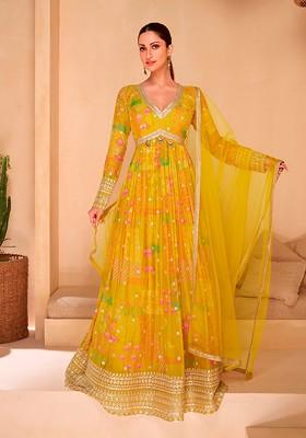 Yellow Digital Print Sequin Embroidered Georgette Palazzo Set
