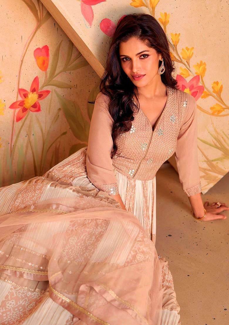 Beige Digital Print Sequin Embroidered Georgette Palazzo Set