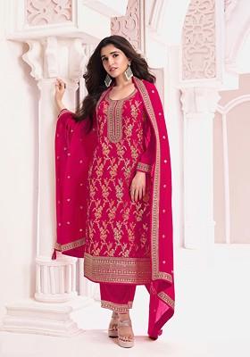 Pink Zari Sequin Embroidered Jacquard Viscose Kurta Set