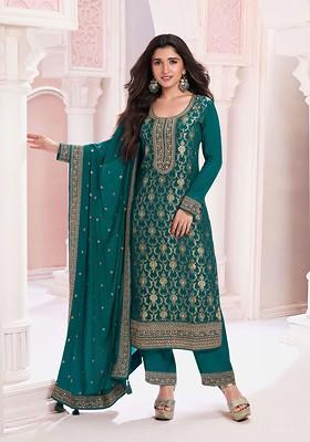 Aqua Green Zari Sequin Embroidered Jacquard Viscose Kurta Set