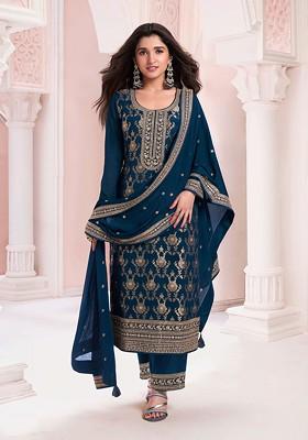 Blue Zari Sequin Embroidered Jacquard Viscose Kurta Set