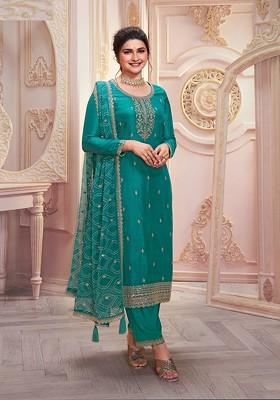 Aqua Green Zari Sequin Embroidered Georgette Kurta Set